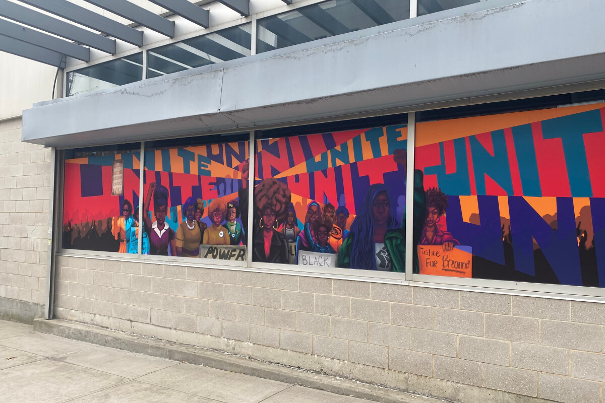 Colorful building window mural graphics