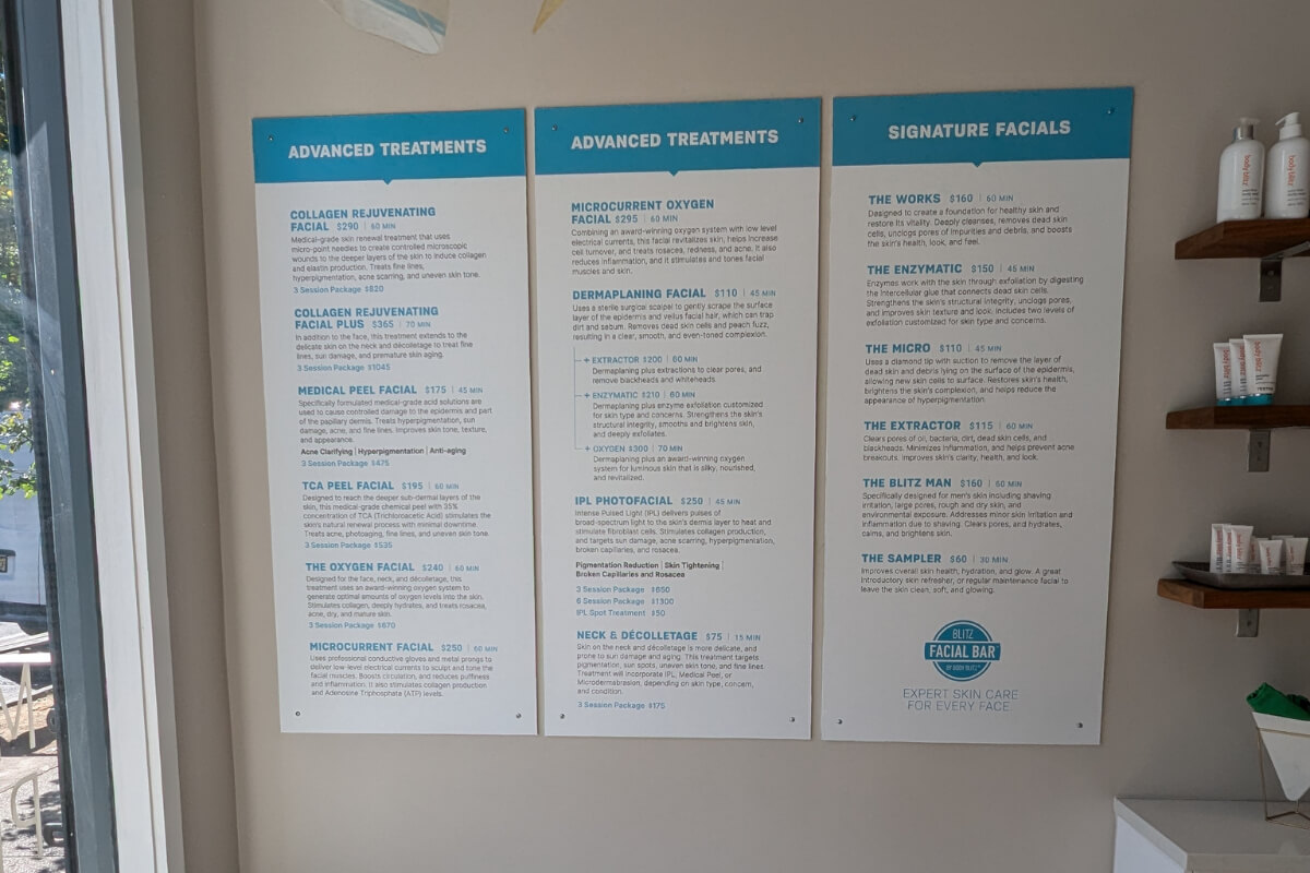 Facial treatment menu PVC panels