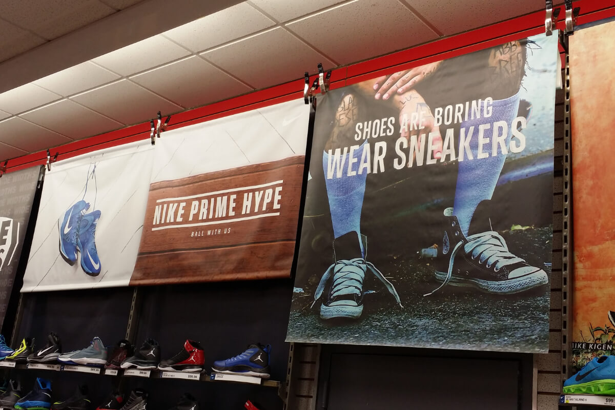 Retail hanging vinyl banners advertising