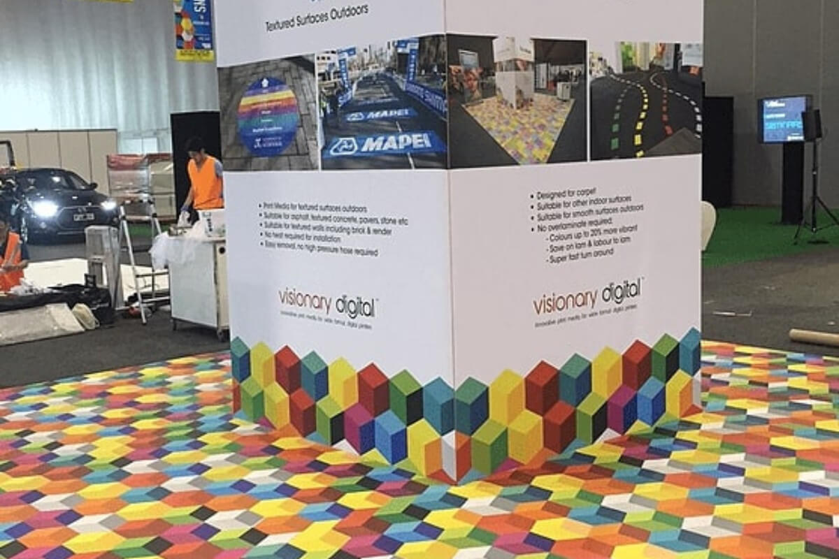 colorful geometric floor graphics trade show decals